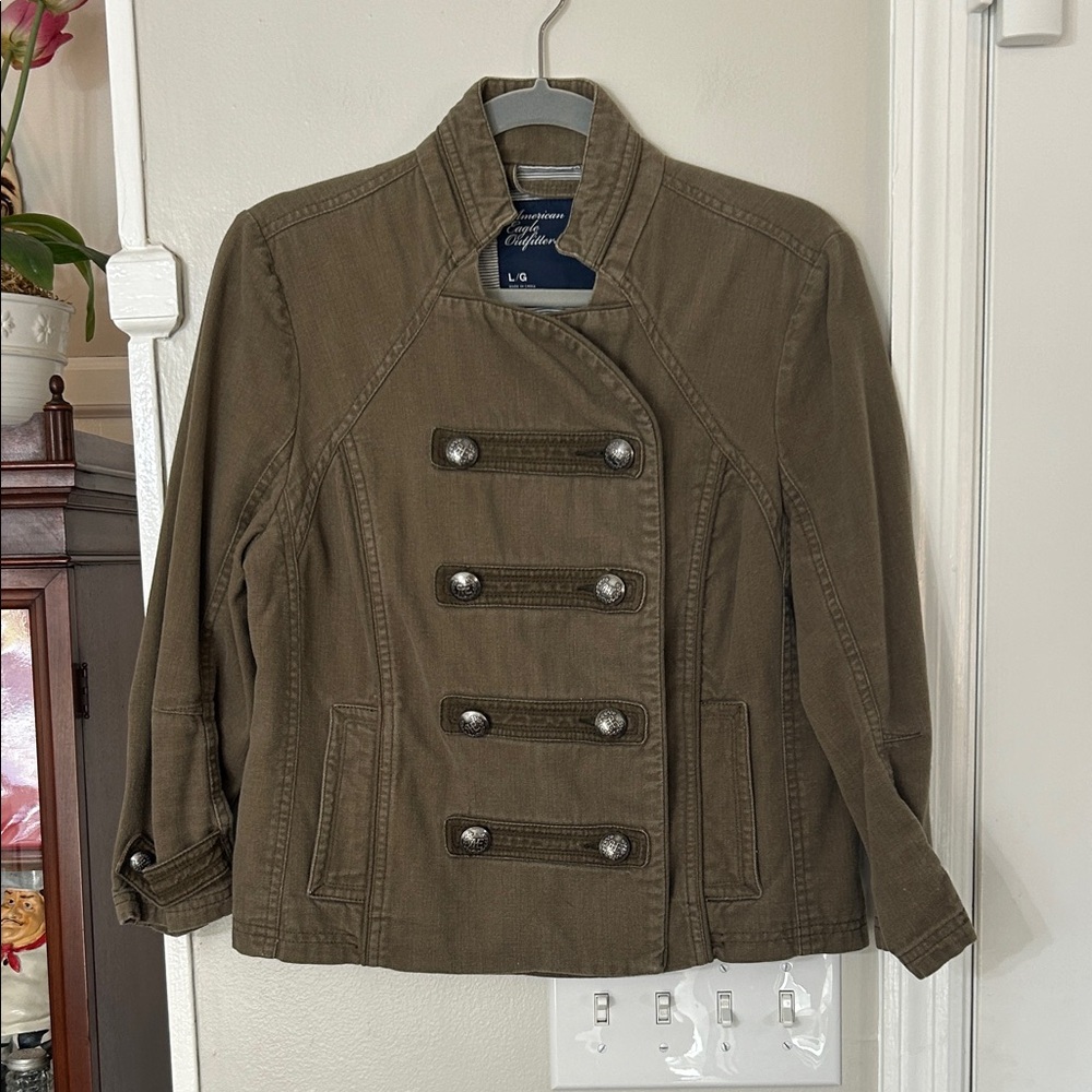 American Eagle Olive Green Military Band Jacket Size Large Silver Buttons